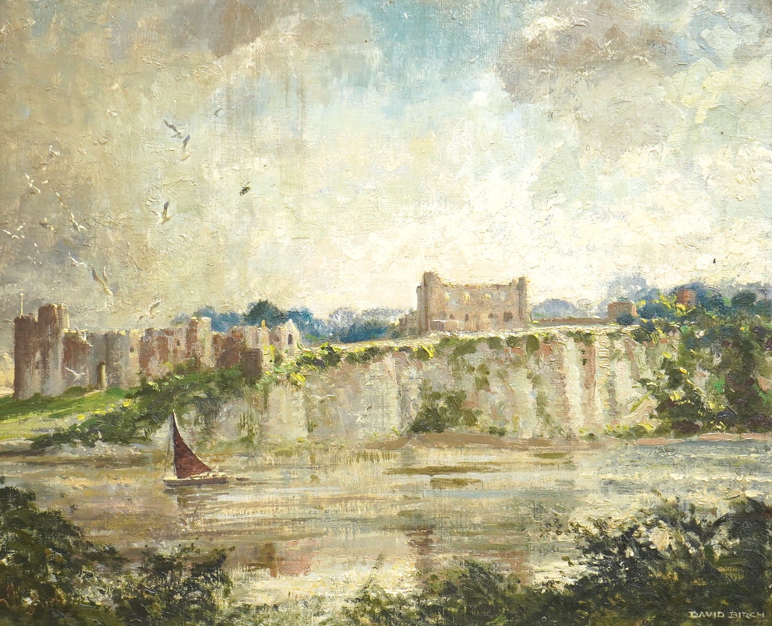 William Henry David Birch, ROI (1895-1968), ‘Chepstow Castle’, signed, details and inscribed label verso, oil on board, 50 x 59cm, ornate gilt frame